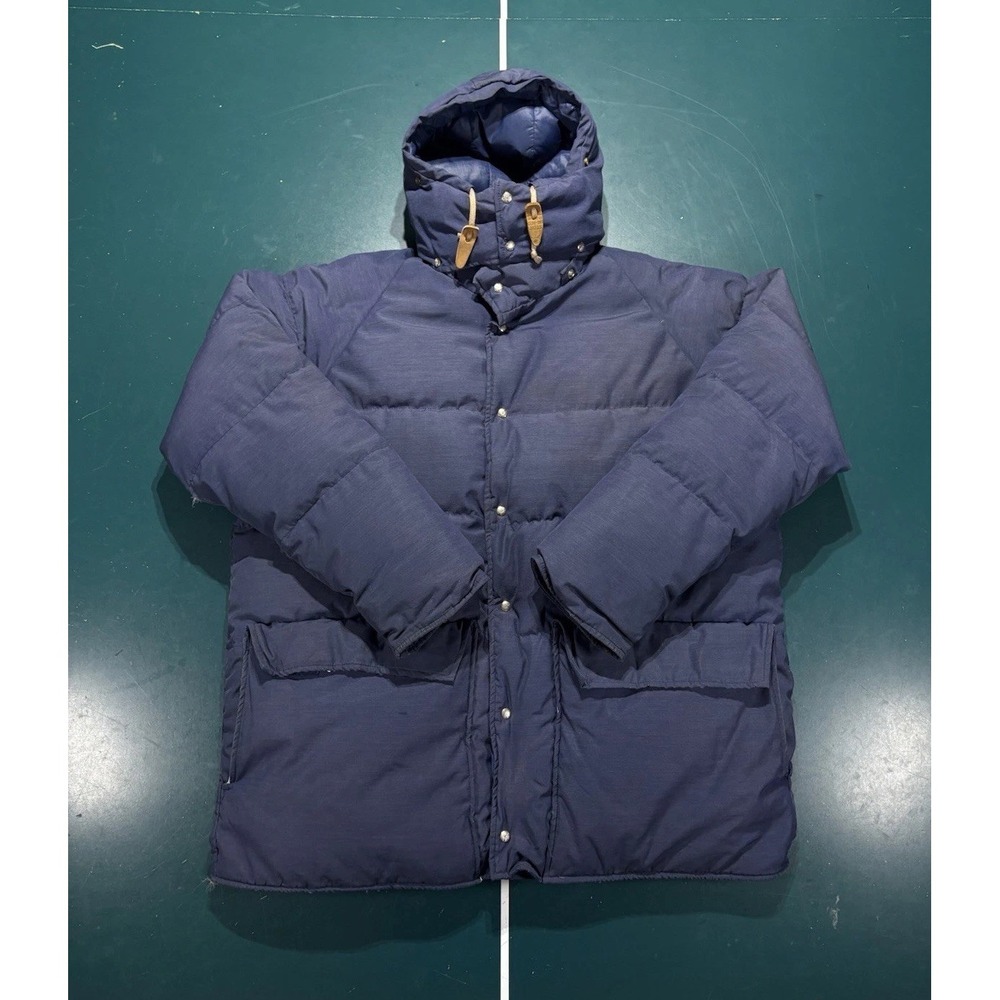 Vintage 70s Alpine Designs Goose Down Puffer Jacket Blue Hooded Parka Mens Large